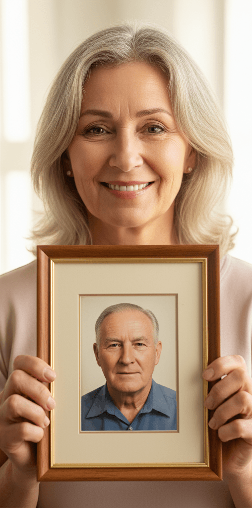 After: A cracked portrait, restored, colorized and framed.