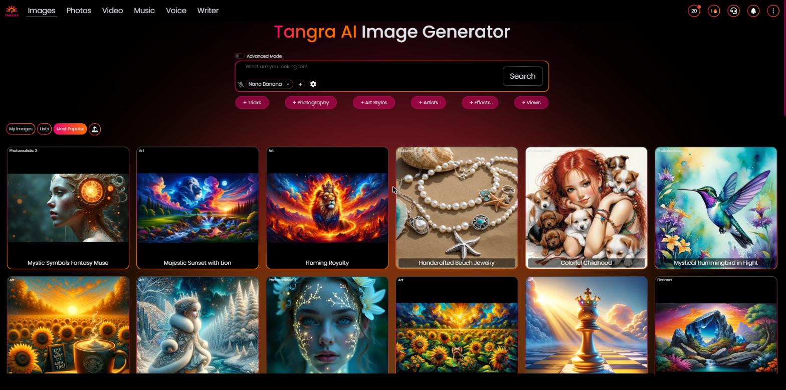 Landing / generator page — The hero with the gradient 'Tangra AI Image Generator' title, the central prompt input with the model selector and Generate button, and a grid of community example images below.