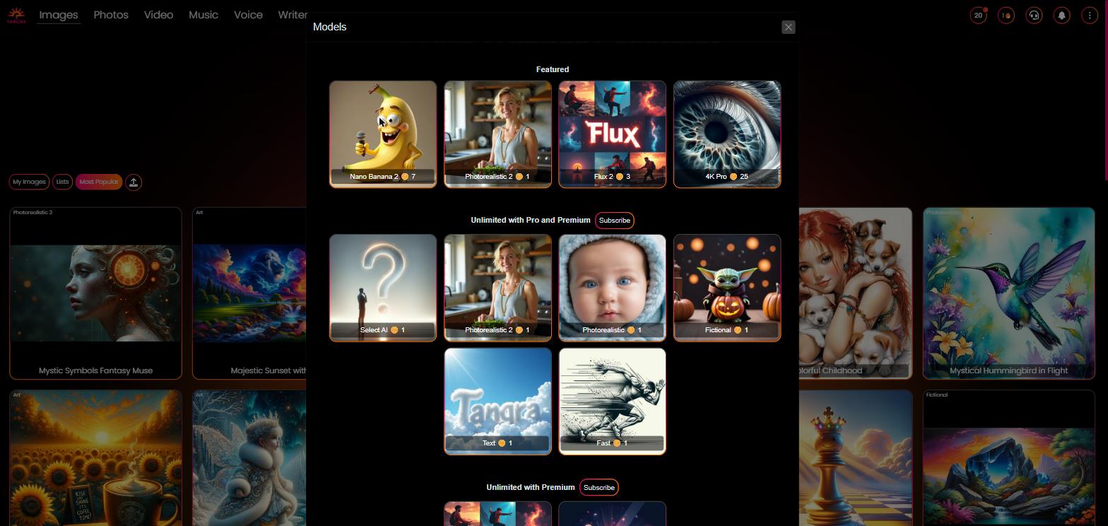 Model selector open — The model picker expanded inside the input, showing model thumbnails, names and credit costs grouped by tier (e.g. Unlimited with Pro/Premium, Extra Credits, New).