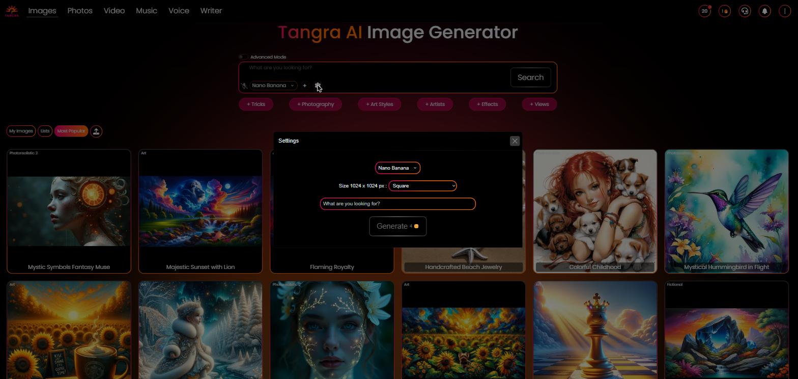 Image settings panel — The Settings modal with model thumbnail, size/aspect-ratio dropdown, width/height and steps sliders, Seed toggle, number-of-images selector, and the Generate button showing the credit price.
