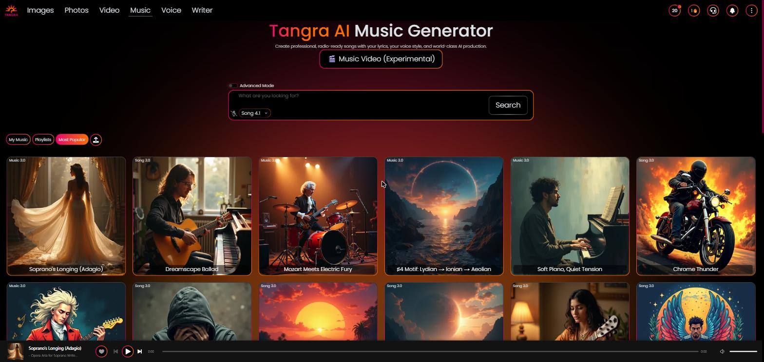 Music landing page — Marketing hero with the headline 'Tangra AI Music' and subtitle 'Create professional, radio-ready songs with your lyrics, your voice style, and world-class AI production', plus the 'Music Video (Experimental)' button, featured tracks, tutorial video, and app-store badges.