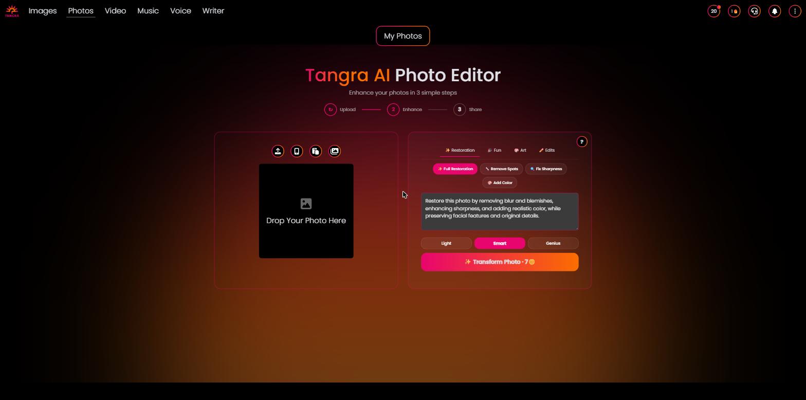 Upload step (Step 1) — The two-column working editor: the upload drop zone on the left with disk/phone-QR/clipboard/gallery buttons and 'Drop Your Photo Here', and the dimmed enhancement panel on the right.
