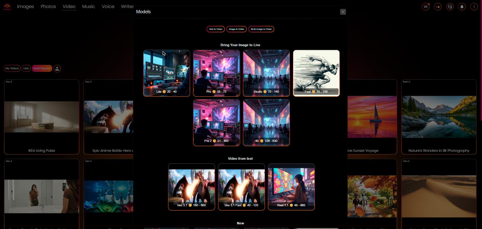 Model selector open — The model picker expanded, showing grouped AI models (Bring Your Image to Live, Video from text, New) with names, credit costs and thumbnails.