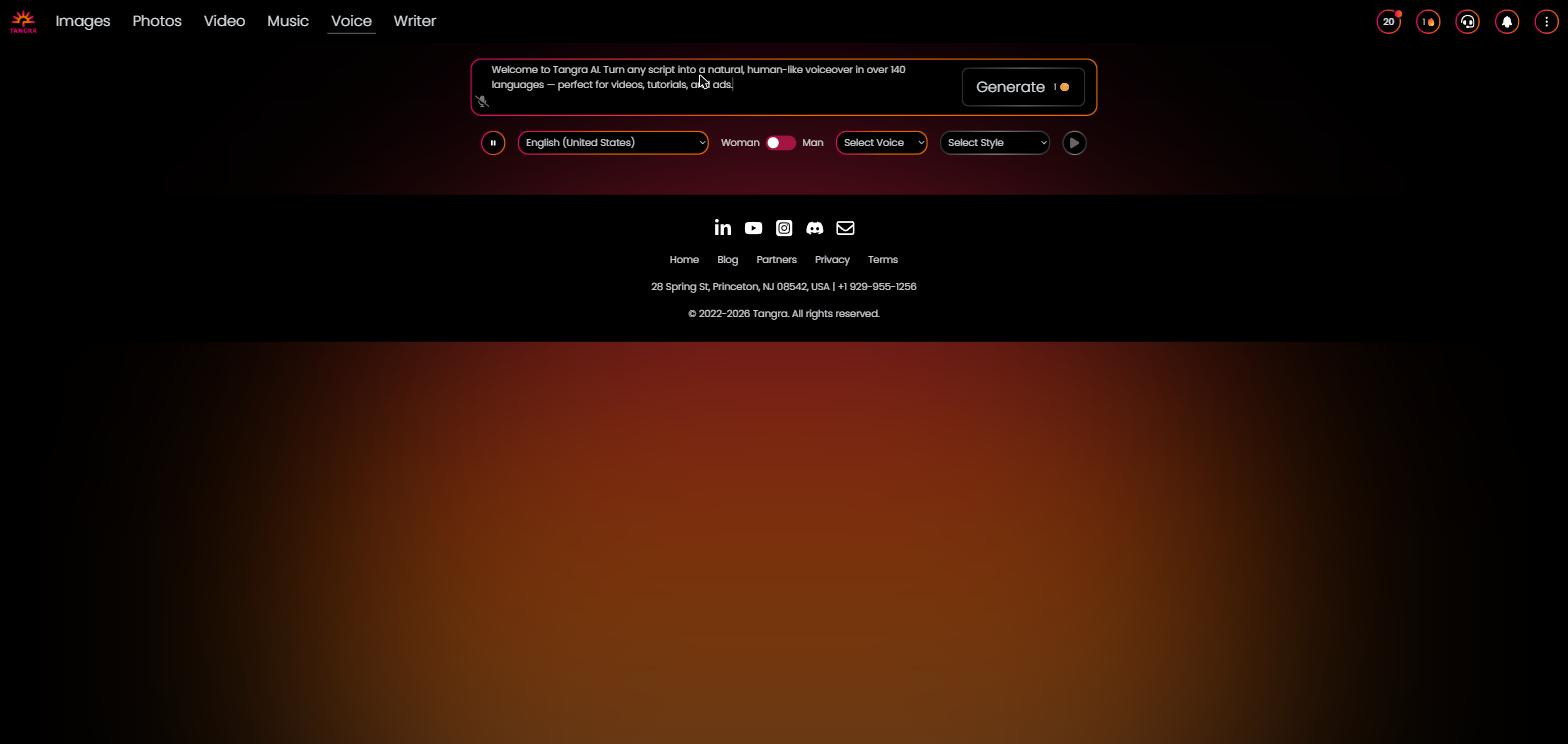 Voice app - empty state — The working generator with the empty script box ('Your message…'), the voice settings row (language dropdown, Woman/Man toggle, voice dropdown, style dropdown, pause and preview buttons), and the Generate button.