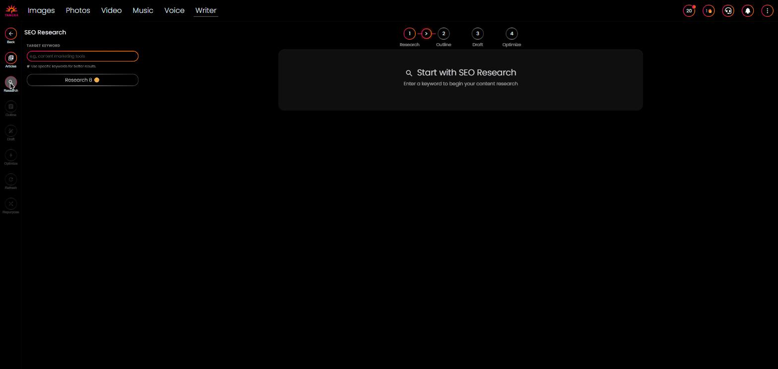 SEO Research results — Research mode with the keyword input panel on the left and the results: primary keyword card (search volume, difficulty, intent, content type), Related Keywords table with checkboxes, Top Competitors, People Also Ask, Must-Cover Topics, and Related Entities, plus 'Generate Outline from Research'.