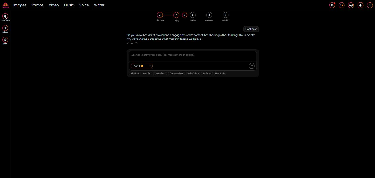 My Articles library — Articles view with the stats row (Total/Drafts/In Review/Published), search and status/date filters, and the list of article cards showing status badges, primary keyword, word count, and duplicate/export/delete actions.