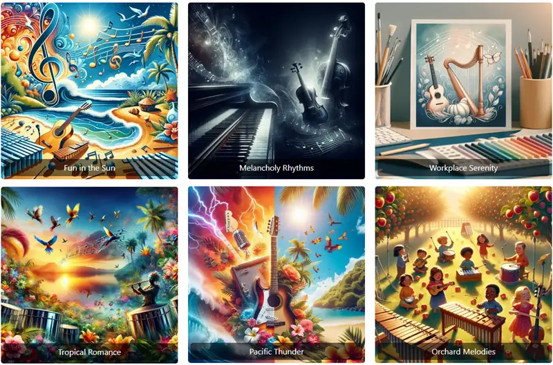 Album art of six tracks created with Tangra AI Music Generator