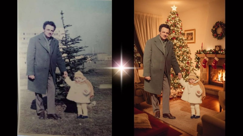 Transformed old photo of a girl with her grandfather to a Christmas card