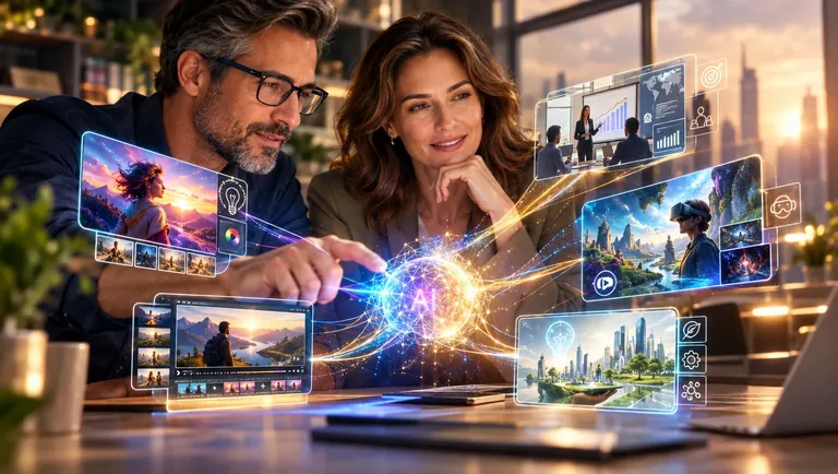 Two professionals exploring AI-created images, video, and designs